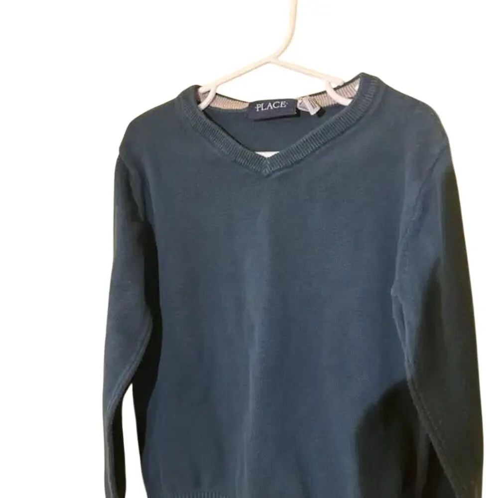 The Children's Place Boys Sweater 7/8 Teal V-Neck Cotton School Uniform Classic